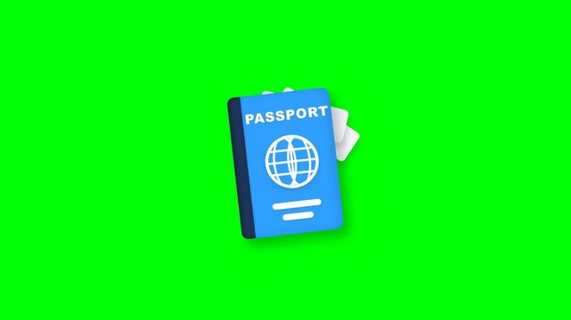 Digital illustration of a blue passport with a ticket peeking out against a green background.