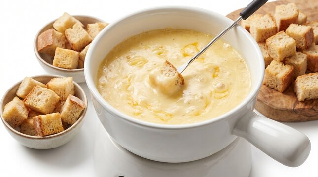 Swiss cheese fondue with bread cubes on white background