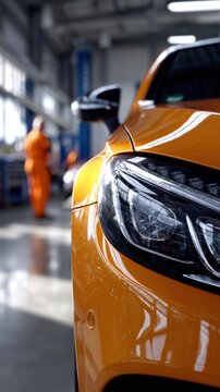 Sleek orange car with detailed headlight and shiny surface parked in a bright modern auto repair workshop with technician working in the background