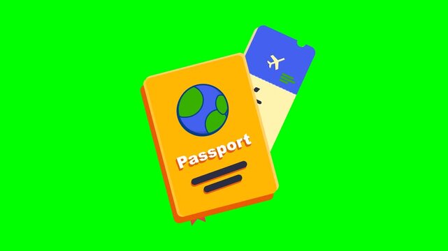 Illustration of a yellow passport with a blue airplane ticket on a green background