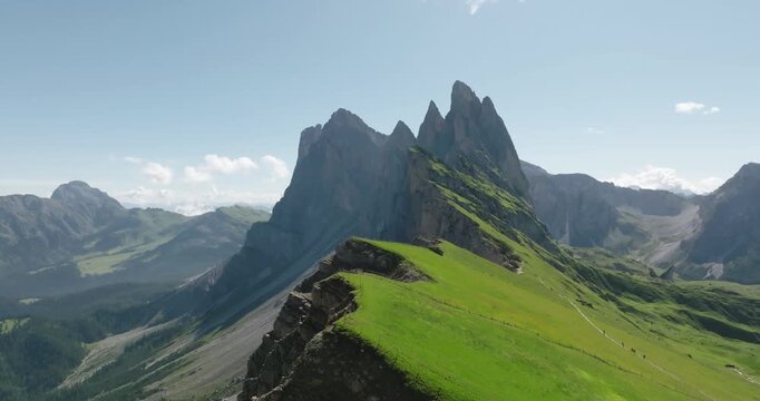 Aerial of the jagged mountain peaks of Seceda in the Italian Dolomites