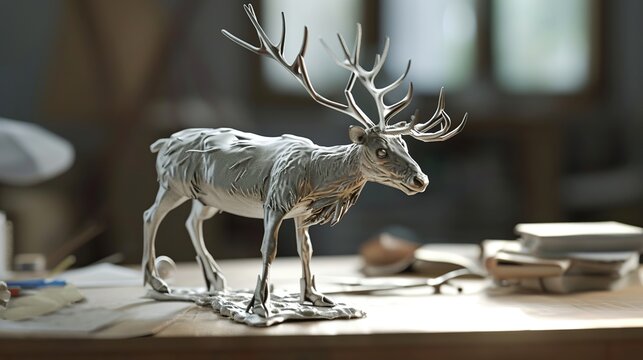 Intricately Crafted Metal Deer Skeleton Sculpture Stands Gracefully on a Wooden Desk in Warm Light