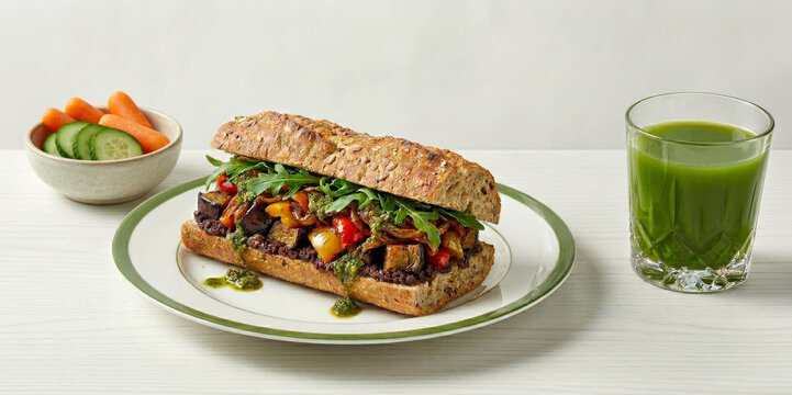 Vegetarian sandwich with vegetable caponata, black olive pesto, and green detox juice on a white wood background