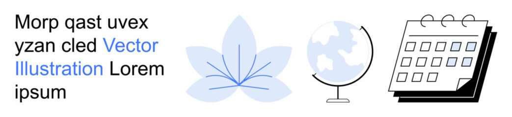 Obraz premium Education, nature, time management, global connectivity, botanical , cultural studies. A flower, globe and calendar set against a clean layout. Education and nature themes