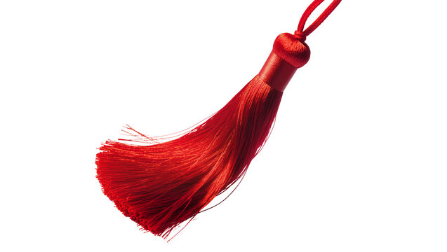 Isolated bright red silk tassel, elegant decorative accessory for graduation and fashion