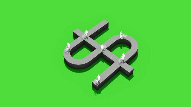 Tiny people running on a giant dollar sign track on green screen
