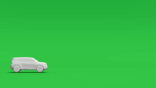 White 3D car model driving across green screen background