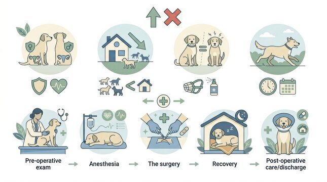 Illustration details each step of the spay neuter procedure in animals from exam to recovery, showing key actions and care points.