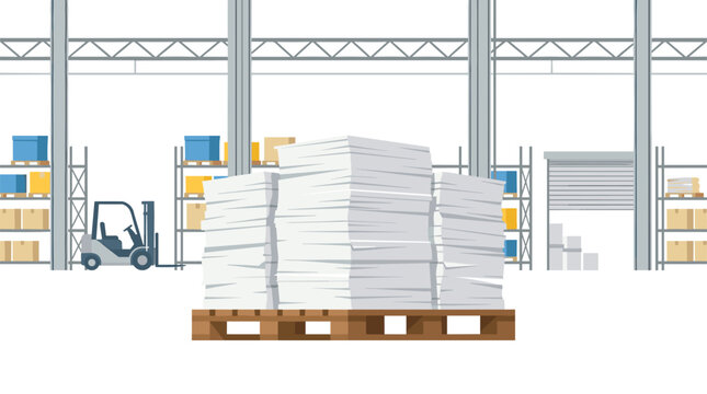 A large stack of white paper on a wooden shipping pallet sits inside a brightly lit industrial warehouse facility with a forklift parked in the background environment.