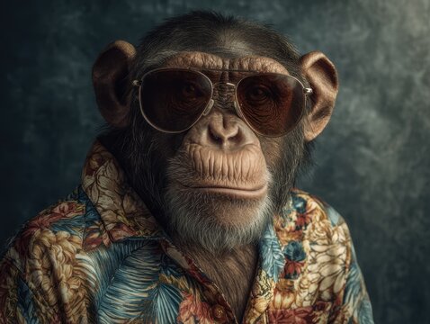 Portrait of a chimpanzee wearing stylish aviator sunglasses and a colorful floral shirt against a textured dark background for creative concept
