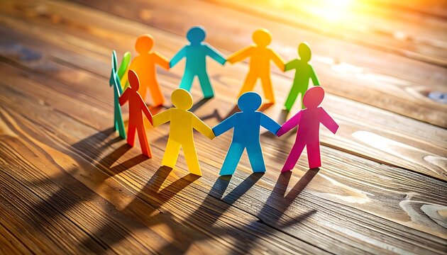 Colorful paper people holding hands in a circle on a wooden surface, symbolizing unity and teamwork, with warm sunlight.