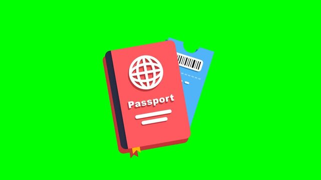 Illustration of a red passport and airline ticket on a green background.