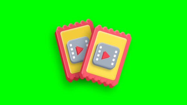 3D illustration of two movie tickets on a green background with play buttons