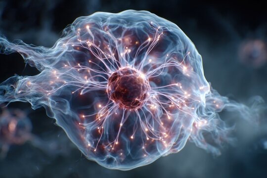 Abstract visualization of a glowing cellular structure with neural act