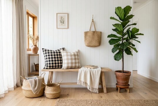 Cozy Entryway Bench with Plants and Baskets.