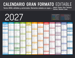 Calendario 2027 Español gran formato editable, España planificador anual horizontal vectorial con Festivos y Santoral © mozZz