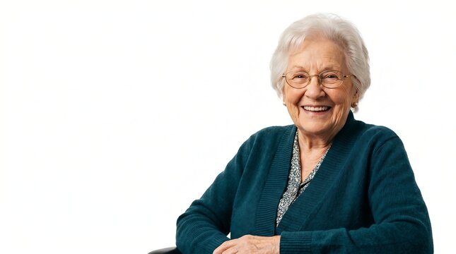 Happy elderly woman with white hair and glasses smiling cheerfully at the camera against a clean white background.
