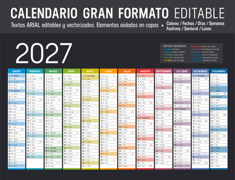 Calendario 2027 Espa&ntilde;ol gran formato editable, Espa&ntilde;a planificador anual horizontal vectorial con Festivos y Santoral