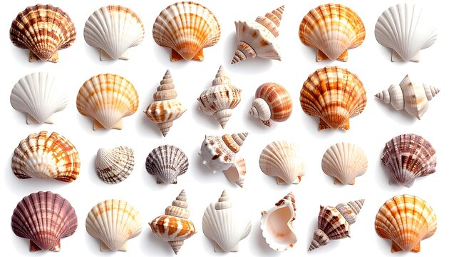 Collection of diverse seashells, including scallops, whelks, and conches, showcasing intricate patterns and natural textures, ideal for beach themes or ocean decor
