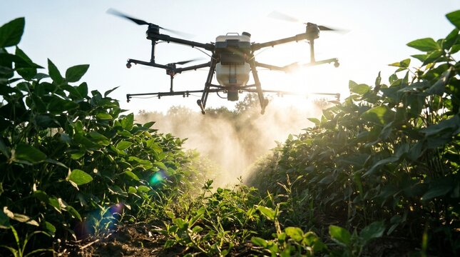 Agricultural drone spraying fertilizer over a green soybean field for precision smart farming.