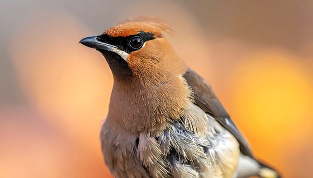 Close-up portrait of a cedar waxwing bird with soft golden bokeh background, detailed feathers and crest, natural wildlife.