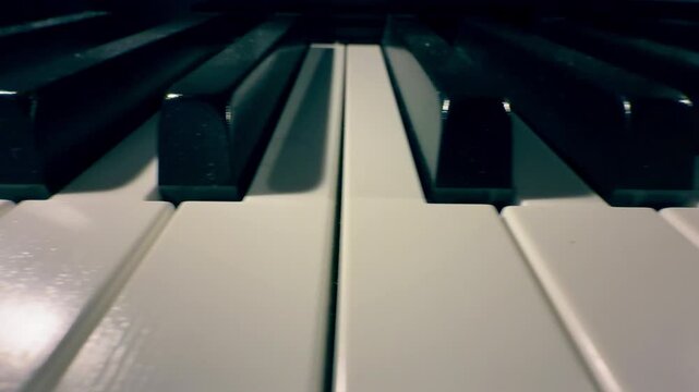 Cinematic close-up dolly shot moving along piano keys from a low angle