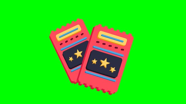 Two pink movie tickets with gold stars on a green screen background