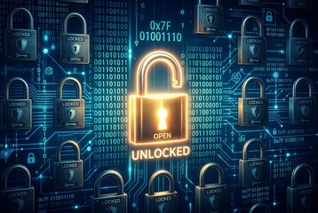 Digital Security Unlocked Concept with Glowing Padlock and Binary Code.