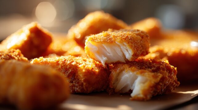 Golden crispy breaded fish bites with flaky white fish inside served on parchment paper in warm natural lighting close-up food photography