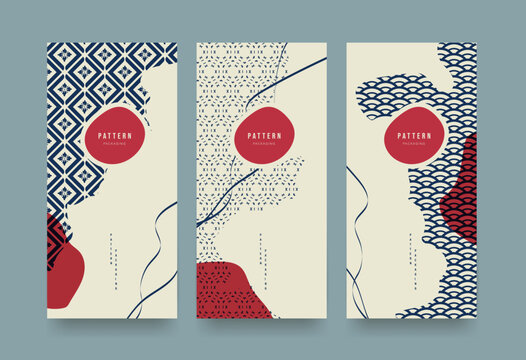 Set of Packaging templates japanese retro style background fabric luxury or premium products. Asian pattern art design.