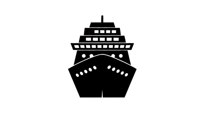 Minimal black silhouette icon, simple flat vector, bold black shape, no, no shading black silhouette icon of a cruise ship on a, flat icon style