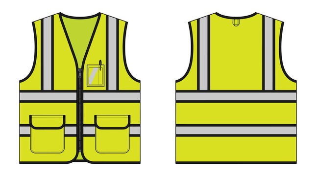 A front and rear view illustration of a bright yellow high-visibility safety vest featuring a clear ID pocket and reflective bands against a stark white background.