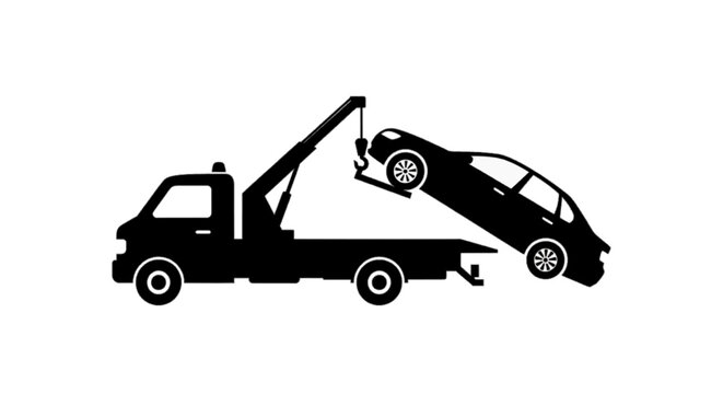 Minimal black silhouette icon, simple flat vector, bold black shape, no, no shading tow truck towing a car on a, flat icon style