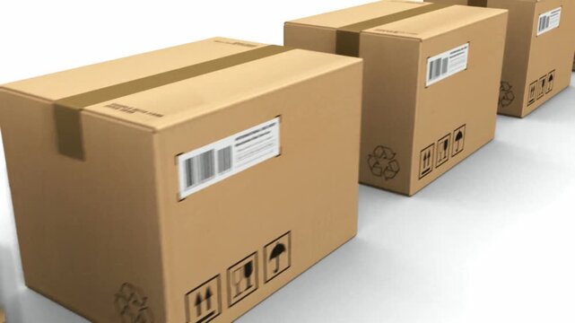 4K Row of Cardboard Boxes in Industrial Warehouse for Logistics and Shipping Concept