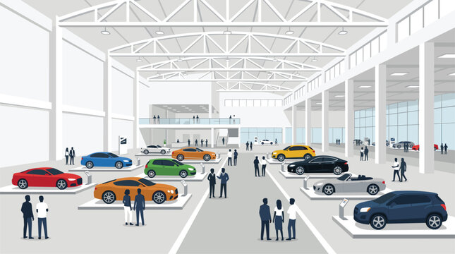 An expansive modern car dealership showroom filled with numerous colorful vehicles on individual pedestals while customers walk around the bright architectural open floor plan.