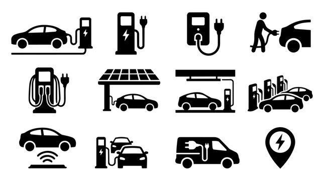 Electric Vehicle Charging Silhouette Icon Set &ndash; EV Charger, Charging Station, E-Mobility
