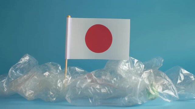 海洋プラスチックごみに囲まれた小さな日本国旗