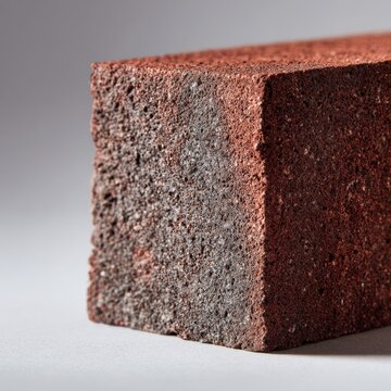 High detail view of a porous red clay brick showing texture and color variations on different surfaces against a soft gray background with subtle shadows