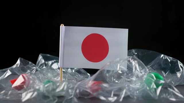 海洋プラスチックごみに囲まれた小さな日本国旗