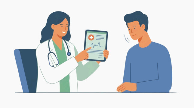 Medical professional discussing patient results with the man. The healthcare provider and the patient is looking at a tablet displaying patient health data