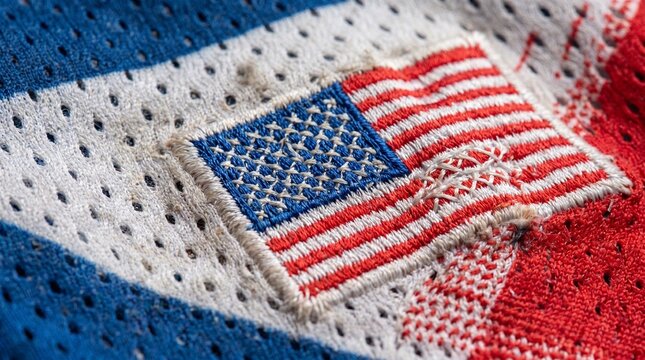 Close Up of American Flag Patch on Mesh Sports Jersey