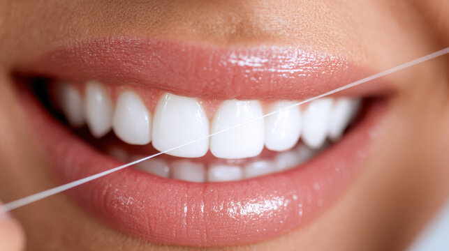Person flossing teeth with dental floss to maintain oral hygiene and promote healthy gums and a bright smile in dental care routine
