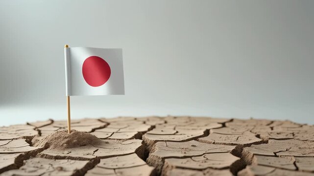 干上がったひび割れた大地に立つ小さな日本国旗