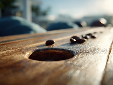 Wooden shuffleboard table with coffee beans scattered on its surface under soft natural light in a cozy indoor environment with blurred background details