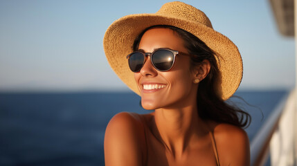 Fototapeta premium Woman in sunglasses and a summer hat enjoying a cruise ship vacation, travel agency advertising concept, with copy space
