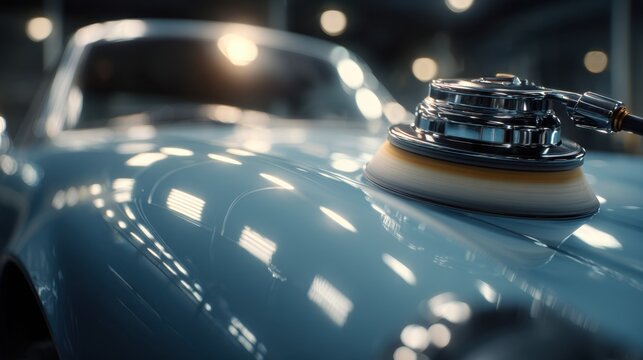 Polishing the shiny surface of a classic vintage car with an electric buffer in a dimly lit garage reflecting soft highlights and blurred background details
