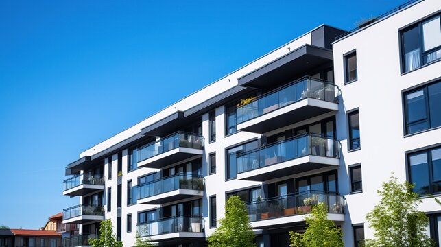 Modern multi-floor residential apartment building with balconies and bright blue sky backdrop