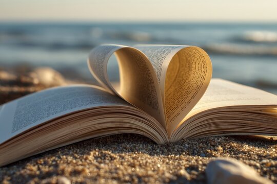 Open book lying on sandy beach with pages folded into a heart shape, capturing a serene moment by the seaside during golden hour sunlight