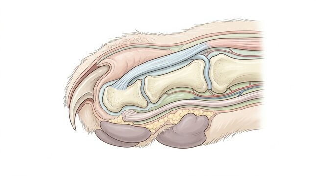 Illustration focuses on the claw retraction mechanism in a pet&rsquo;s paw. It aids in veterinary education of animal anatomy and physiology.