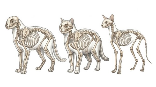 Illustration shows anatomical comparison of three pet breeds focusing on skeletal structure for veterinary education and understanding.